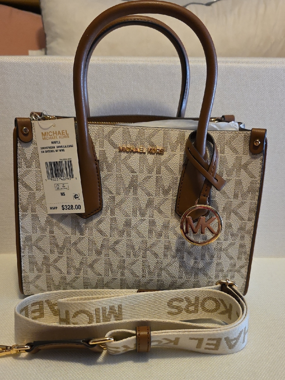 NWT Michael Kors Maple Canvas Brown Small Leather Satchel with Crossbody Strap